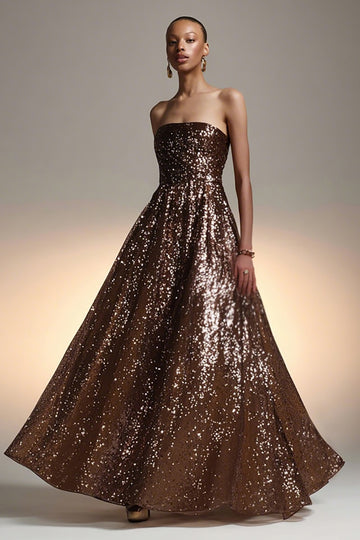 Strapless A Line Glitter Brown Evening Dress